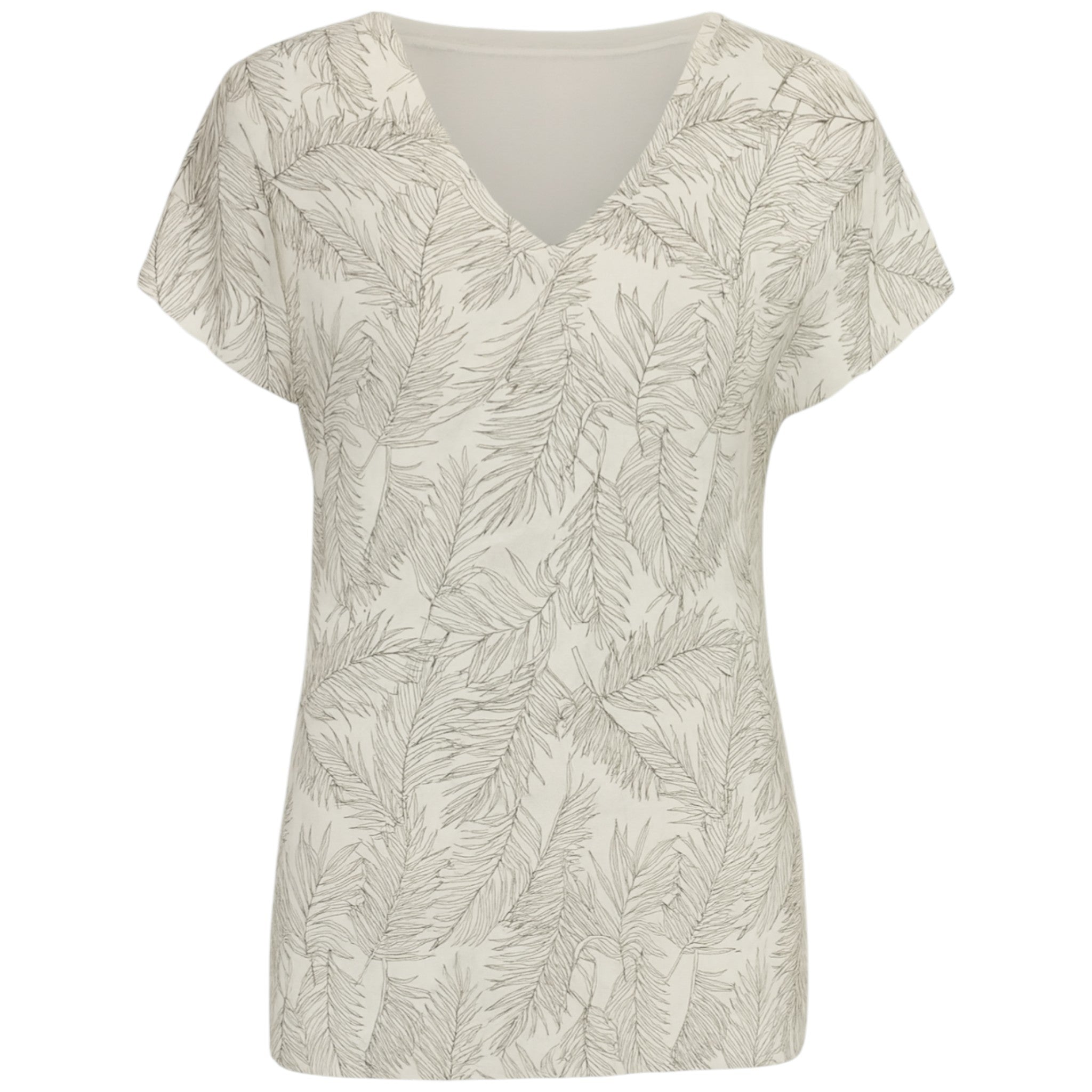 Women's V-neck short sleeve top with green feather print – casual lightweight summer blouse